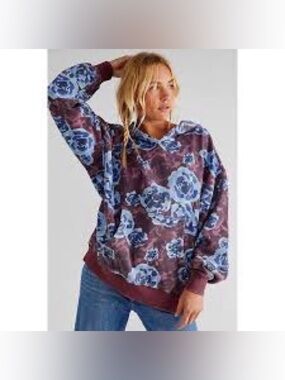 Free People We The Free It's A Vibe Floral Camo Oversized Hoodie Large Purple